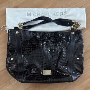 Michael Kors Black Patent Croc-Embossed Shoulder Tote with Gold Hardware